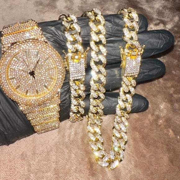 14k Gold/White Gold Hip-hop Iced-Out Watch Bracelet Cuban Chain